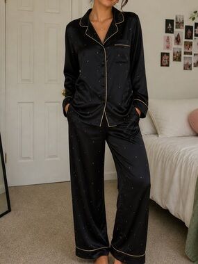 Cabernet Black Womens Satin Pajama Set button top medium